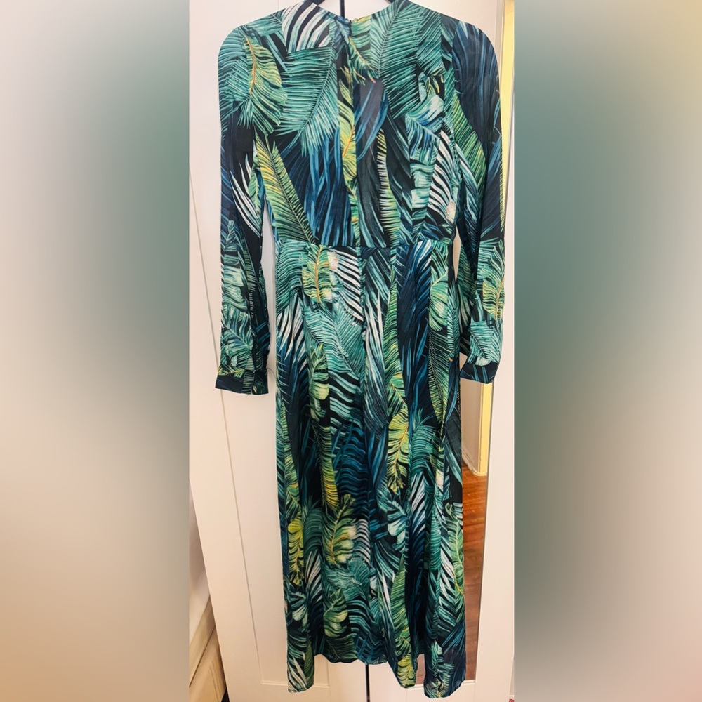 Women's Tropical Leaf Print Long Sleeve romper Dress with shorts - Blue/Green